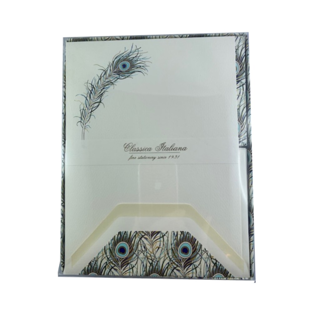 SCATOLA CONTENENTE 10 FOGLI DI CARTA DA LETTERA E 10 E BUSTE CON DECORO PIUMA DI PAVONE
